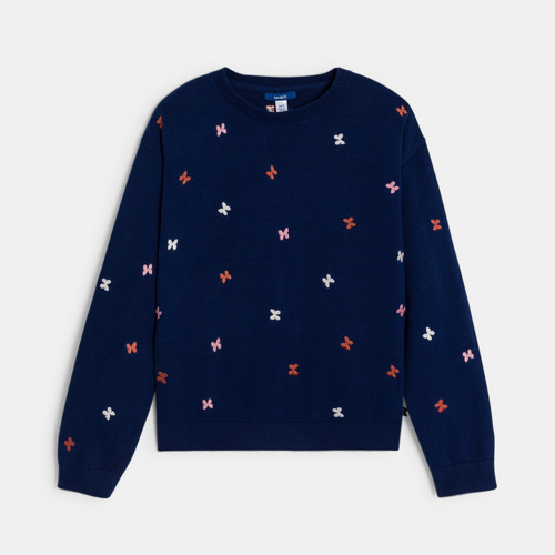 Pull Brodé Papillon Fille Bleu - Indigo Fonce - 8A - OKAIDI