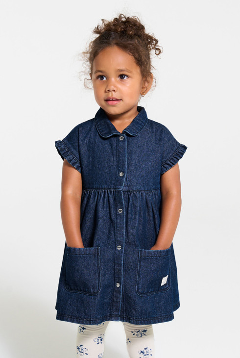 Vestido denim crudo azul y legging bebé niña 1