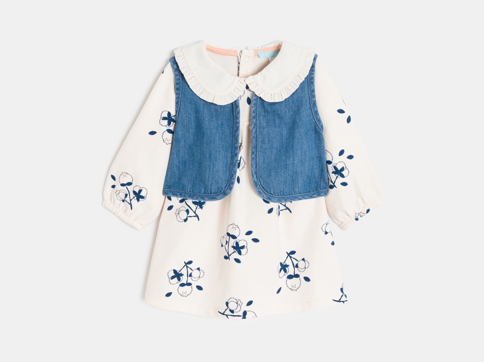 Robe molleton léger et gilet denim blanc bébé fille 1
