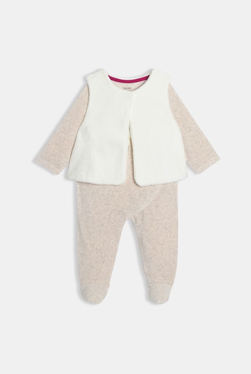 Samtstrampler und Strickjacke ecru Kleinkind Mädchen 1