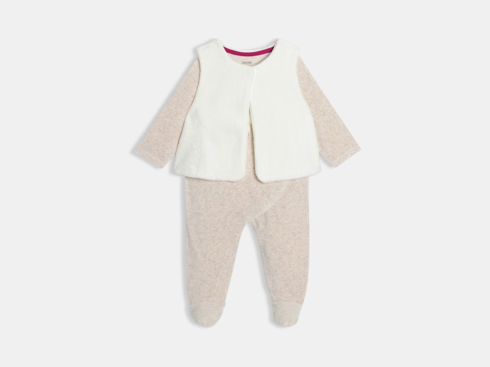 Dors-bien velours et gilet écru bébé fille 1