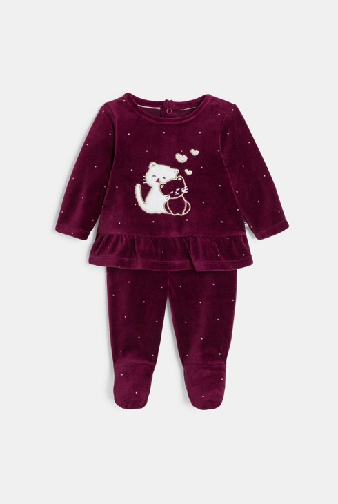 Pyjama velours chat bordeaux bébé fille 1