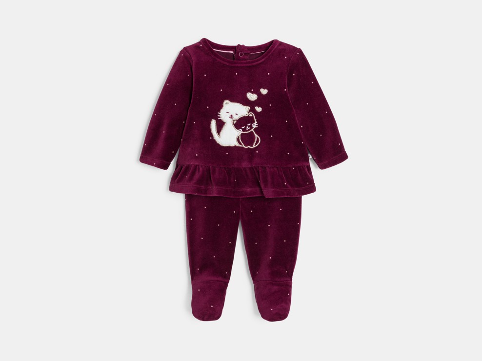 Samtpyjama in Bordeaux mit Katzenmotiv für kleine Mädchen 1