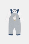 Salopette maille côtelée rayée oie et body bleu bébé garçon