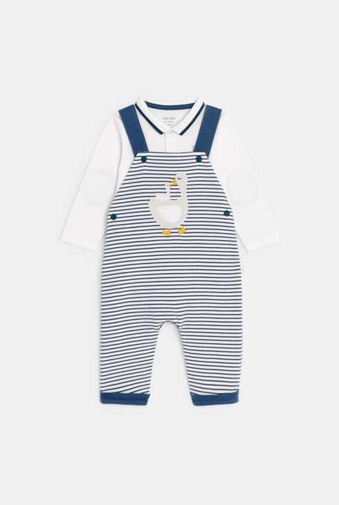 Salopette maille côtelée rayée oie et body bleu bébé garçon 1