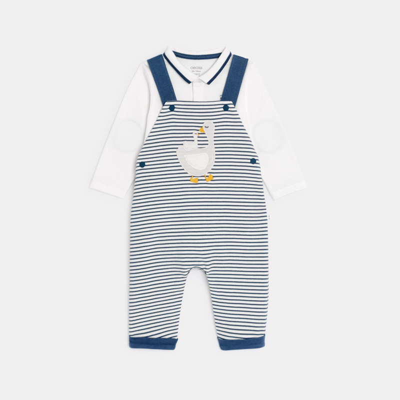 Latzhose gerippt gestreift mit Gans + Body blau Kleinkind Junge