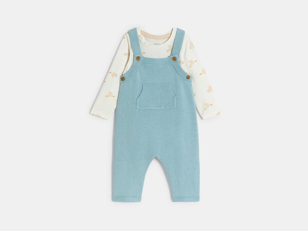 Salopette in maglia e body blu nascita per neonato 1