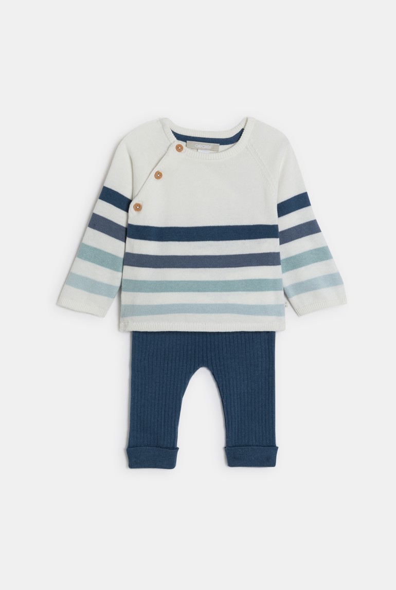 Jersey punto de rayas y pantalón punto canalé azul bebé niño 1