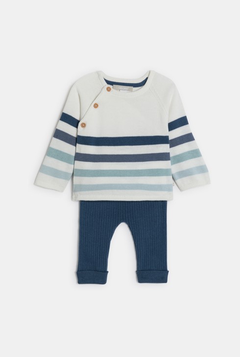 Pullover a righe lavorato a maglia e pantaloni blu in maglia a coste per neonato 1