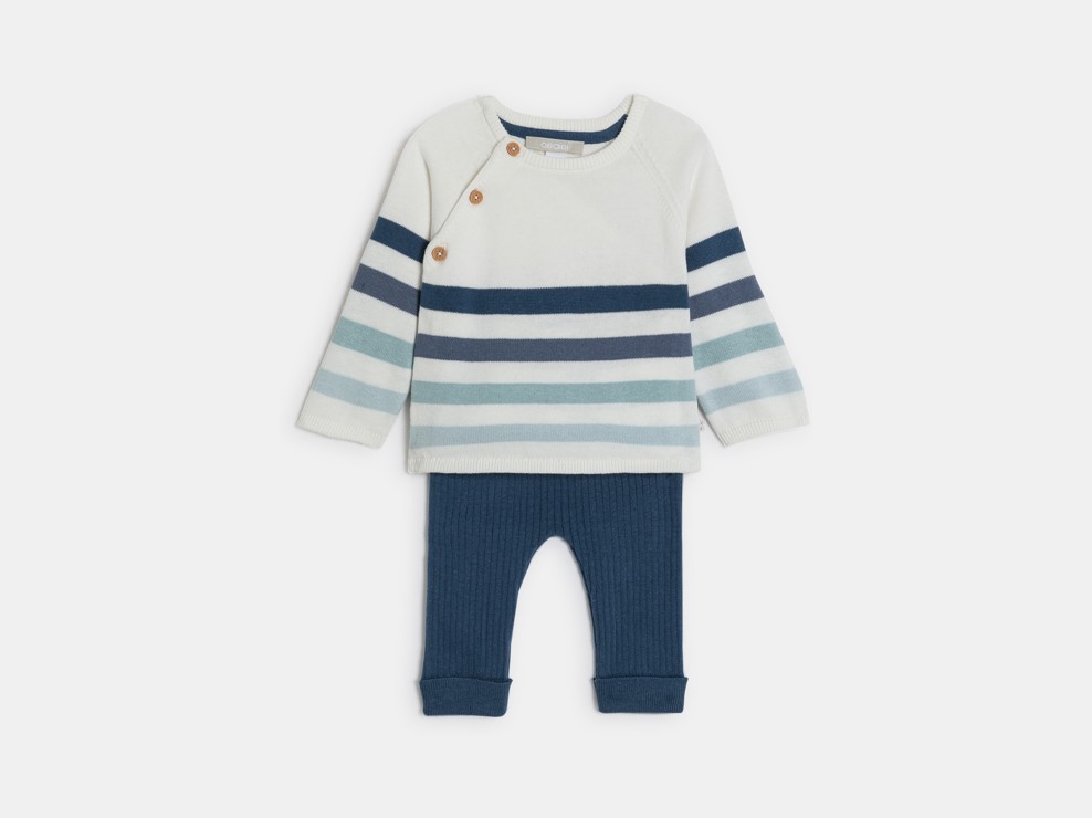 Fantovski moder pleten črtast pulover in pletene rebraste hlače za dojenčke 1