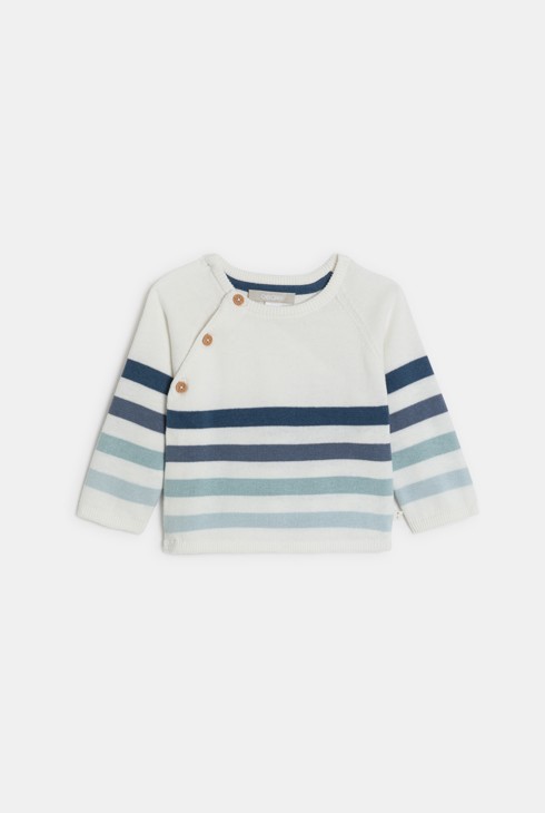 Pull maille tricot rayé et pantalon maille côtelée bleu bébé garçon