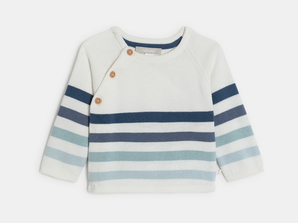 Fantovski moder pleten črtast pulover in pletene rebraste hlače za dojenčke 2