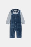 Salopette longue velours et body rayé bleu bébé garçon