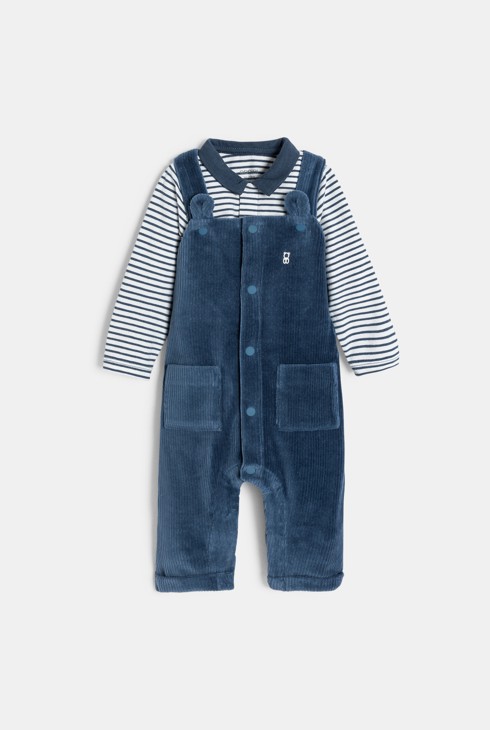 Lange Latzhose aus Samt und gestreifter Body in Blau für kleine Jungen 1