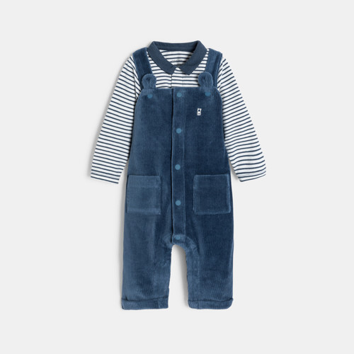 Salopette Longue Velours Et Body Rayé Bleu Bébé Garçon - Bleu Flot - 0M - OBAIBI