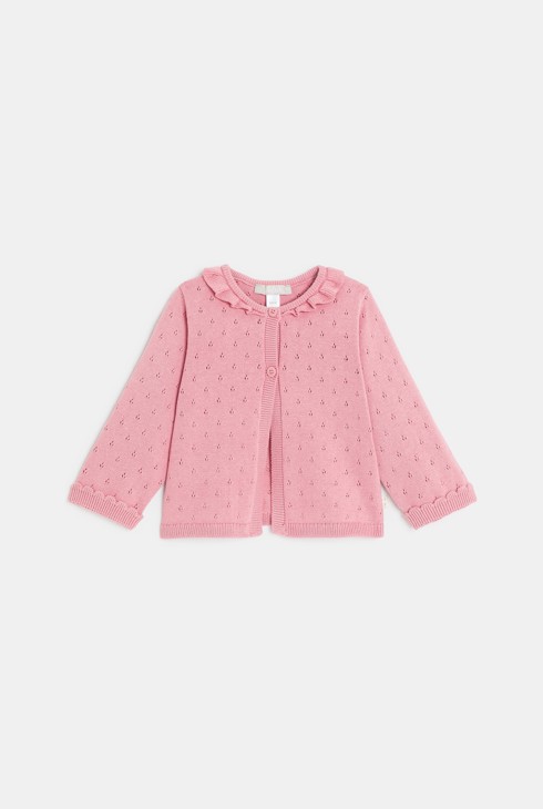 Gilet maille tricot pointelle rose bébé fille 1