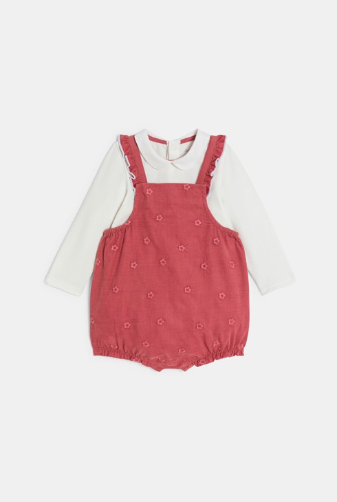 Salopette courte velours brodé et body rouge bébé fille 1