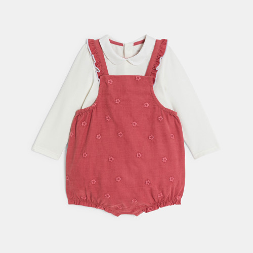 Salopette Courte Velours Brodé Et Body Rouge Bébé Fille - Rose Tyrien - 3M - OBAIBI