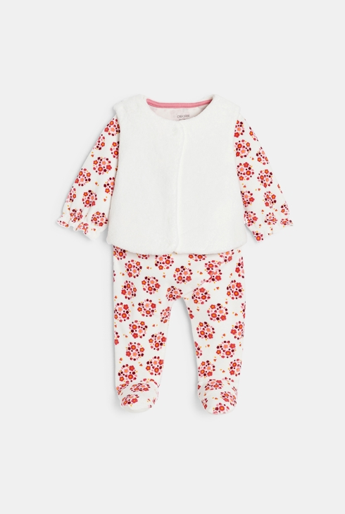 Pelele terciopelo de flores y chaleco soft boa blanco bebé niña 1