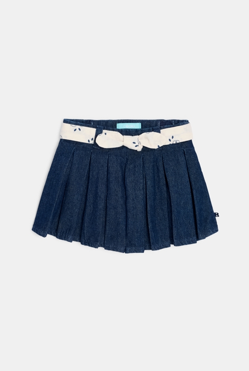 Gonna corta a pieghe blu in denim raw per neonata 1