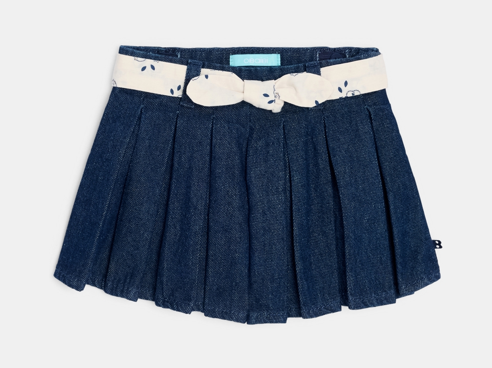 Gonna corta a pieghe blu in denim raw per neonata 1