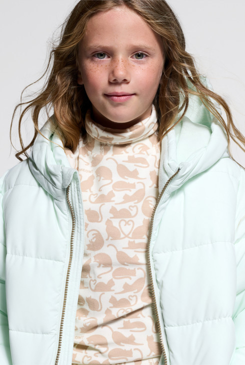 Girl's pastel green fleece-lined hooded down jacket 1
