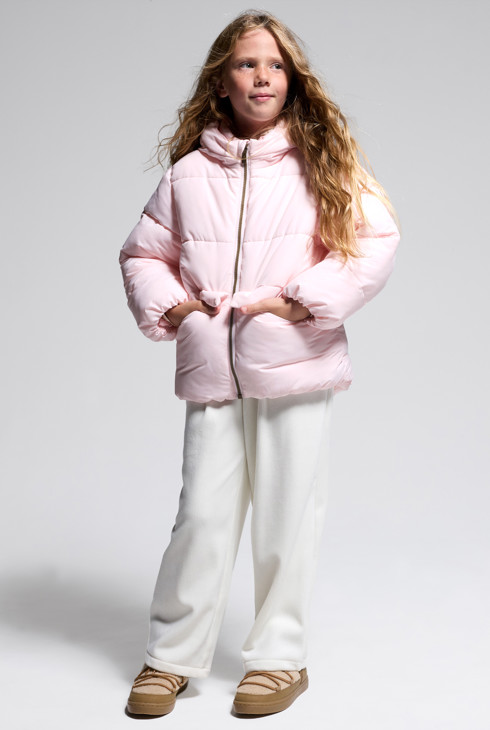 Girl's pastel pink fleece lined down jacket with hood 1