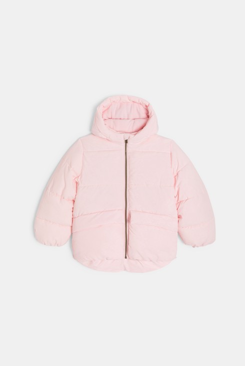 Girl's pastel pink fleece lined down jacket with hood 2