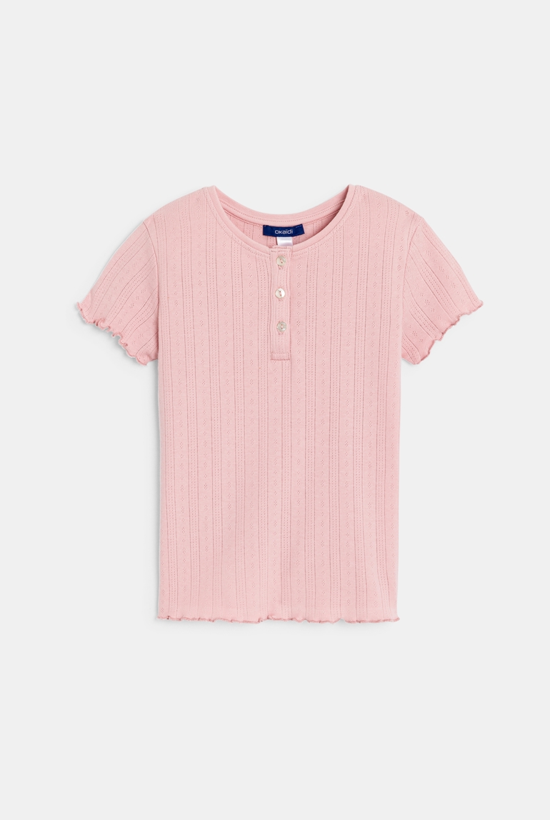 T-shirt uni manches courtes pointelle rose pastel Fille 1