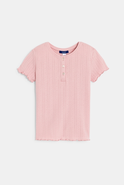 Kurzarm-T-Shirt einfarbig Pointelle pastellrosa Mädchen 1