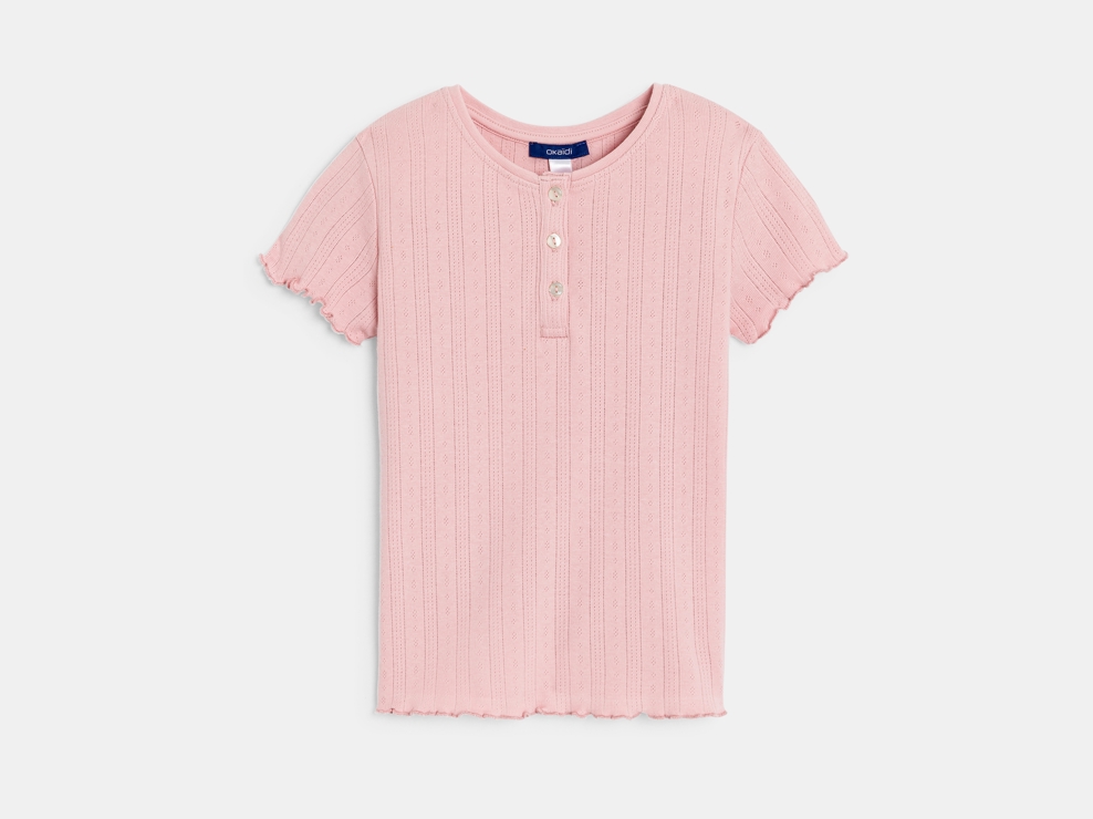 Pastelroze effen T-shirt met korte mouwen in pointelle voor meisjes 1