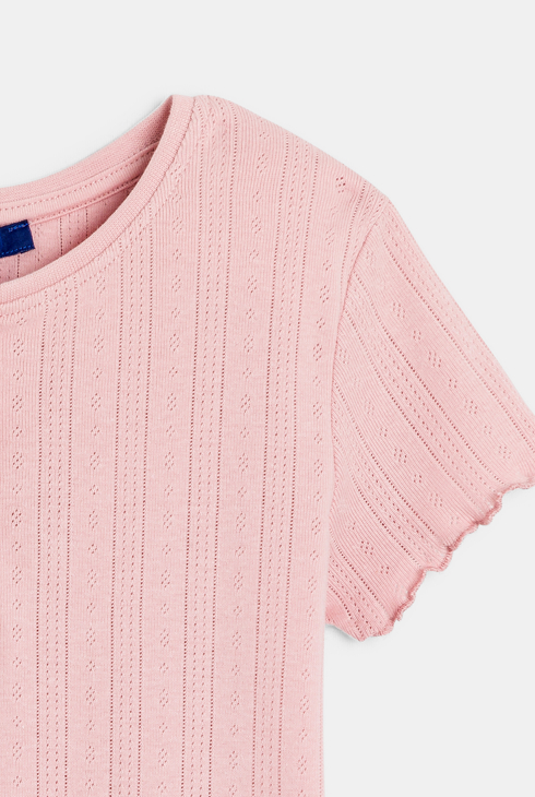 T-shirt uni manches courtes pointelle rose pastel Fille