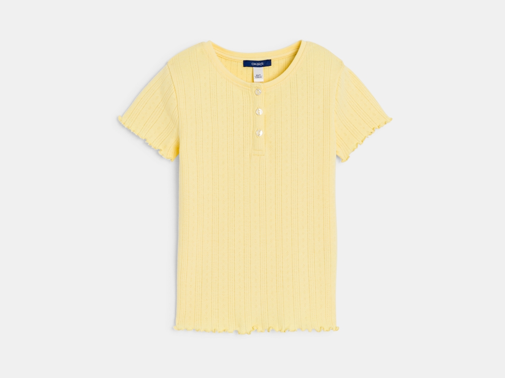 Geel effen T-shirt met korte mouwen in pointelle voor meisjes 1