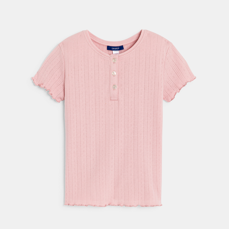 Kurzarm-T-Shirt einfarbig Pointelle pastellrosa Mädchen