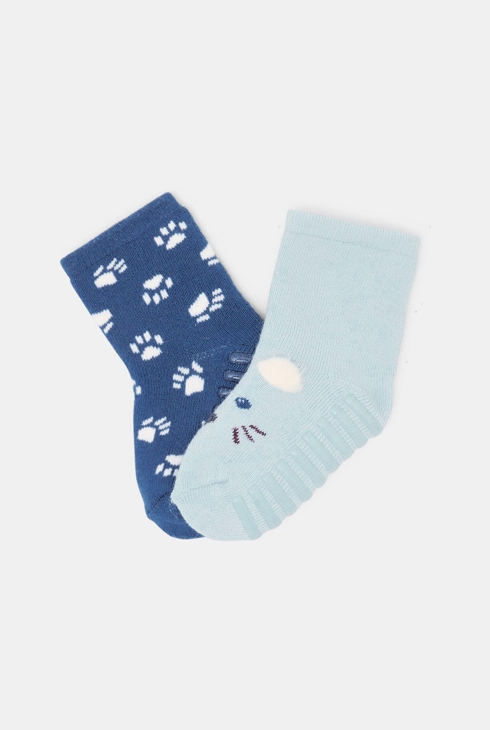 Calcetines carita de animal antideslizantes azul bebé niño (pack de 2) 1