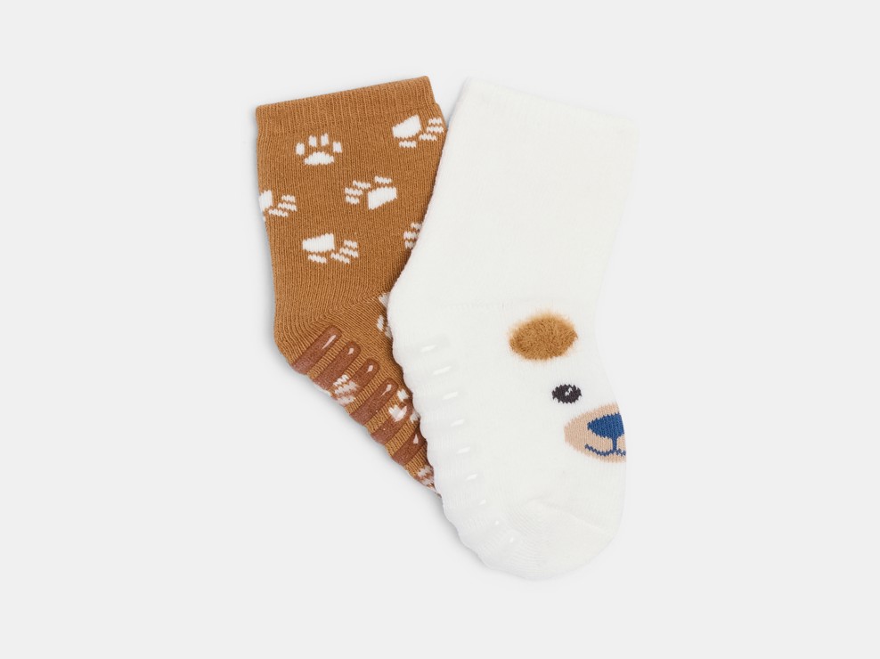 Chaussettes frimousse antiglisse marron bébé garçon (lot de 2) 1
