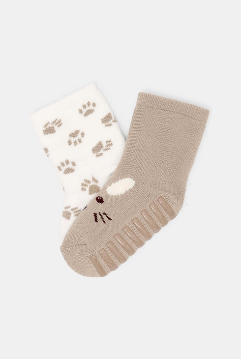 Calcetines carita de animal antideslizantes beige bebé niña (pack de 2) 1