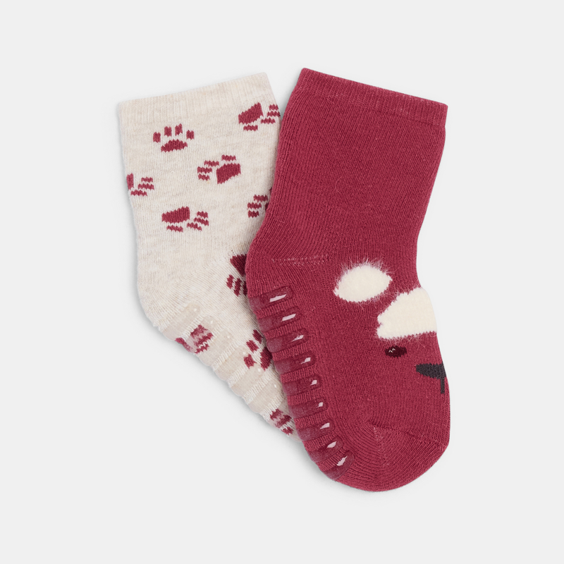 Rutschfeste bordeauxrote Socken Tiergesicht Kleinkind Mädchen (2er-Pack)