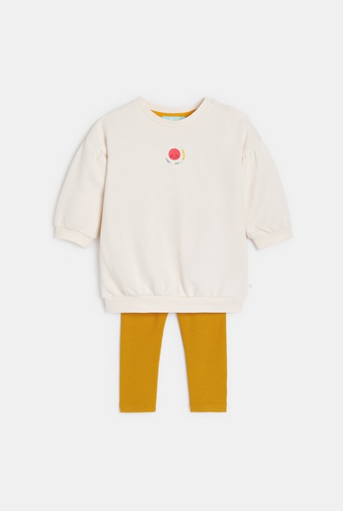 Weißes Sweaterkleid aus Molton und Leggings für kleine Mädchen 1