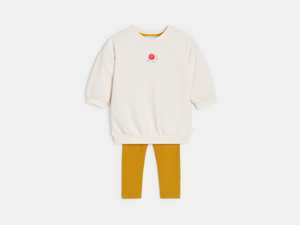 Weißes Sweaterkleid aus Molton und Leggings für kleine Mädchen 1