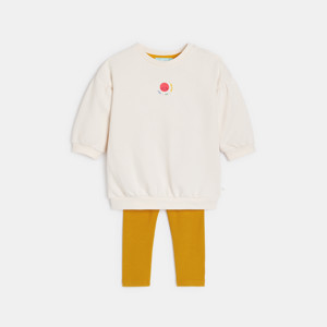 Weißes Sweaterkleid aus Molton und Leggings für kleine Mädchen