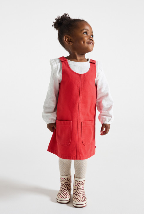 Baby girl's red denim dungaree dress 1