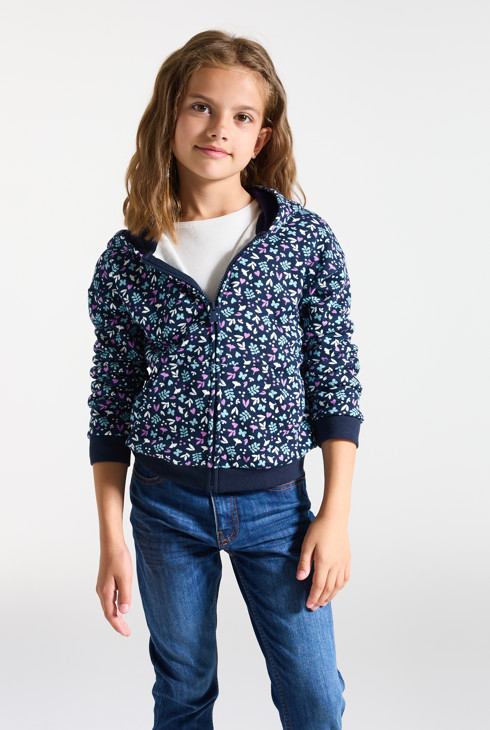 Felpa in tessuto felpato blu stampato con cappuccio per bambina 1