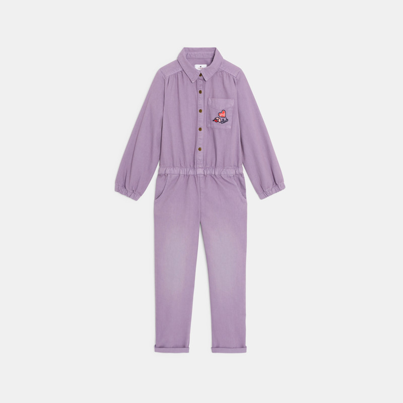Langer bestickter Overall aus blasslila Denim Mädchen Chipie