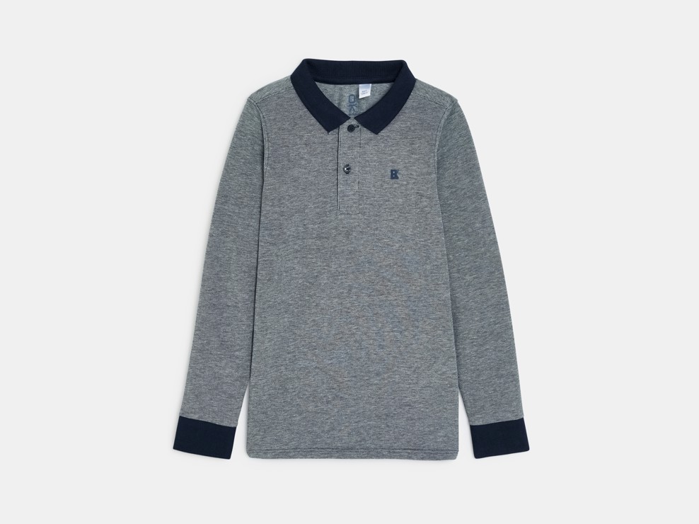 Polo à manches longues en jersey piqué bleu Garçon 1