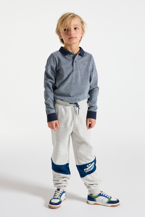 Polo à manches longues en jersey piqué bleu Garçon 1