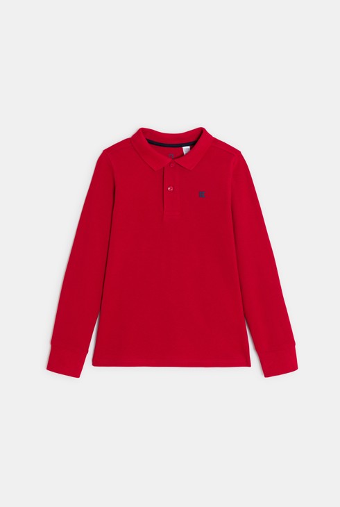 Boy's red jersey piqué polo shirt with long sleeves 2