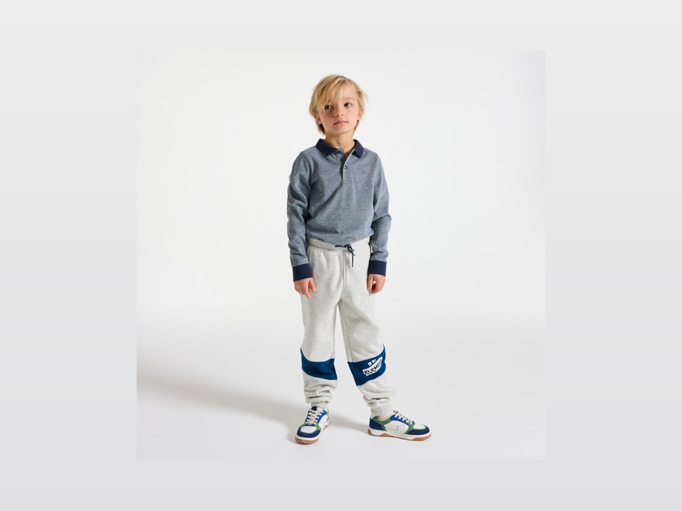 Polo à manches longues en jersey piqué bleu chiné Garçon 1