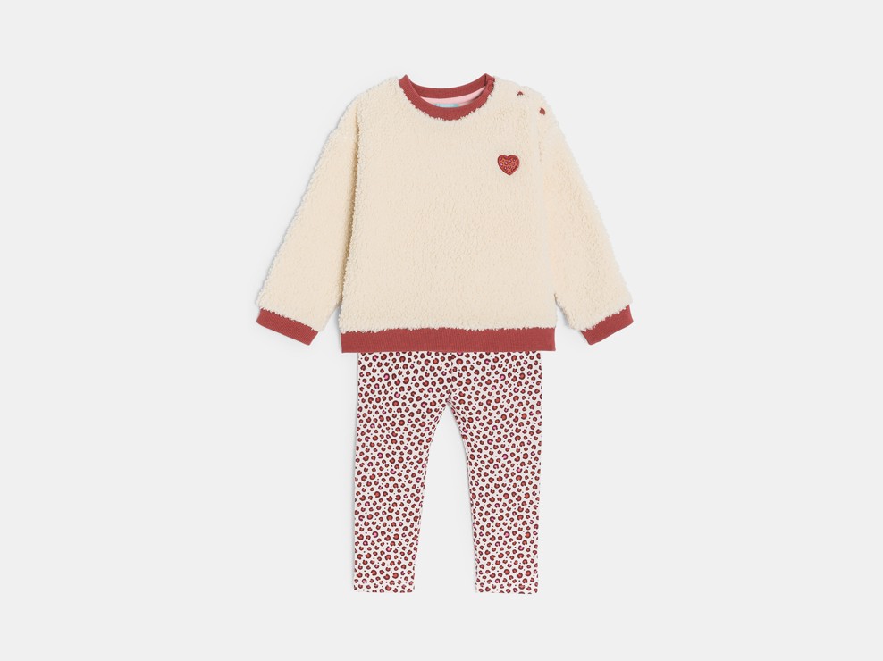 Sudadera sherpa y legging de punto jersey estampado beige bebé niña 2