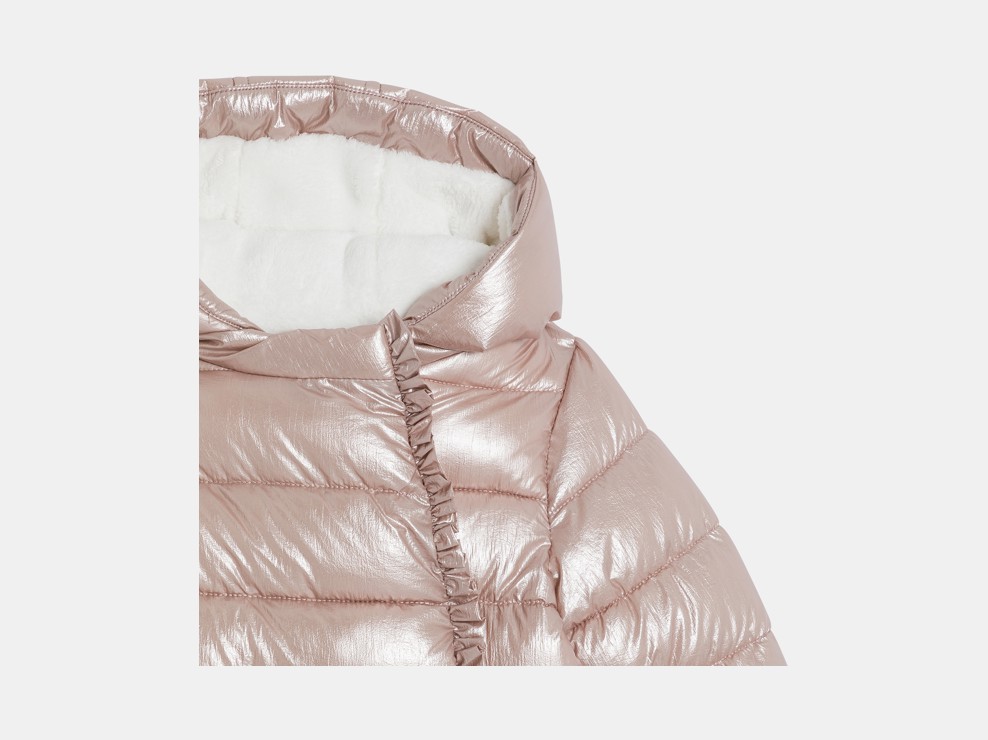 Anorac de plomes enconxat folrat amb caputxa irisat rosa bebè nena 2